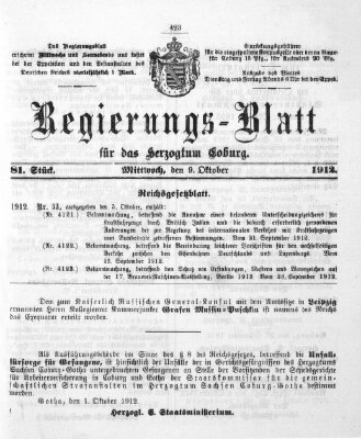 Regierungs-Blatt für das Herzogtum Coburg (Coburger Regierungs-Blatt) Mittwoch 9. Oktober 1912