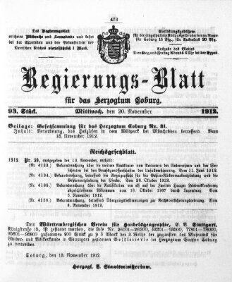 Regierungs-Blatt für das Herzogtum Coburg (Coburger Regierungs-Blatt) Mittwoch 20. November 1912