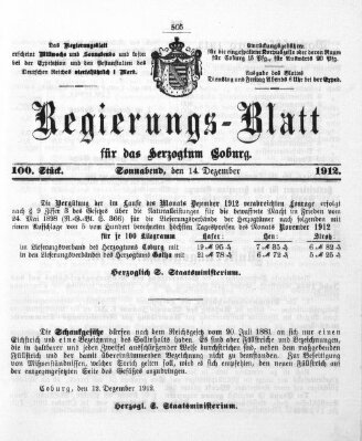 Regierungs-Blatt für das Herzogtum Coburg (Coburger Regierungs-Blatt) Samstag 14. Dezember 1912