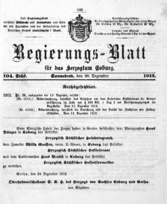 Regierungs-Blatt für das Herzogtum Coburg (Coburger Regierungs-Blatt) Samstag 28. Dezember 1912