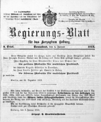 Regierungs-Blatt für das Herzogtum Coburg (Coburger Regierungs-Blatt) Samstag 4. Januar 1913