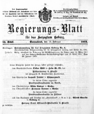 Regierungs-Blatt für das Herzogtum Coburg (Coburger Regierungs-Blatt) Samstag 15. Februar 1913