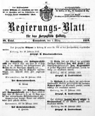 Regierungs-Blatt für das Herzogtum Coburg (Coburger Regierungs-Blatt) Samstag 1. März 1913