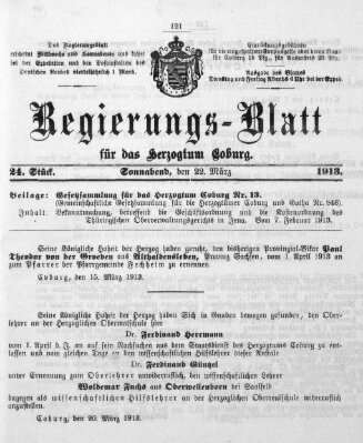 Regierungs-Blatt für das Herzogtum Coburg (Coburger Regierungs-Blatt) Samstag 22. März 1913