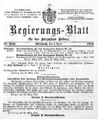 Regierungs-Blatt für das Herzogtum Coburg (Coburger Regierungs-Blatt) Mittwoch 2. April 1913