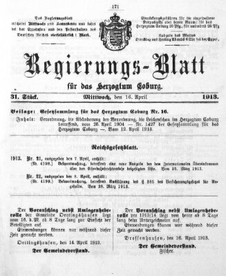 Regierungs-Blatt für das Herzogtum Coburg (Coburger Regierungs-Blatt) Mittwoch 16. April 1913