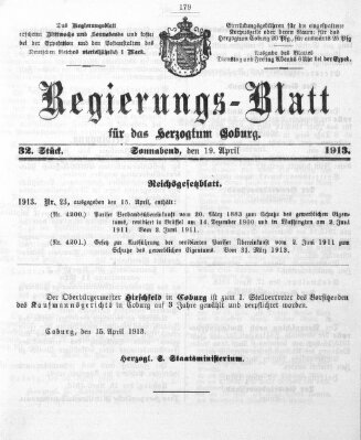 Regierungs-Blatt für das Herzogtum Coburg (Coburger Regierungs-Blatt) Samstag 19. April 1913