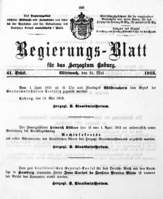 Regierungs-Blatt für das Herzogtum Coburg (Coburger Regierungs-Blatt) Mittwoch 21. Mai 1913