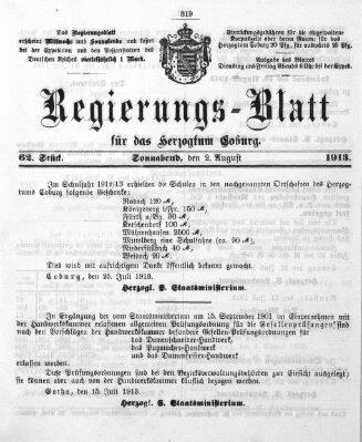 Regierungs-Blatt für das Herzogtum Coburg (Coburger Regierungs-Blatt) Samstag 2. August 1913