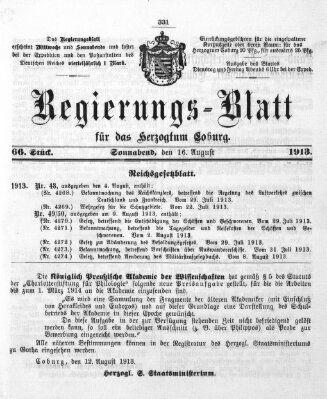 Regierungs-Blatt für das Herzogtum Coburg (Coburger Regierungs-Blatt) Samstag 16. August 1913