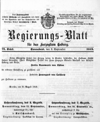 Regierungs-Blatt für das Herzogtum Coburg (Coburger Regierungs-Blatt) Samstag 6. September 1913