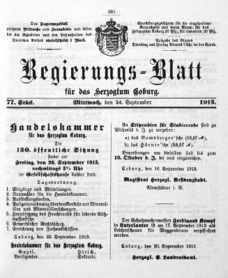 Regierungs-Blatt für das Herzogtum Coburg (Coburger Regierungs-Blatt) Mittwoch 24. September 1913