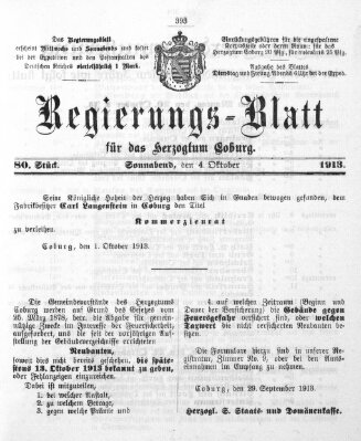 Regierungs-Blatt für das Herzogtum Coburg (Coburger Regierungs-Blatt) Samstag 4. Oktober 1913