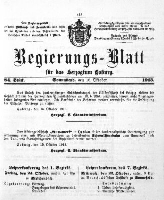 Regierungs-Blatt für das Herzogtum Coburg (Coburger Regierungs-Blatt) Samstag 18. Oktober 1913