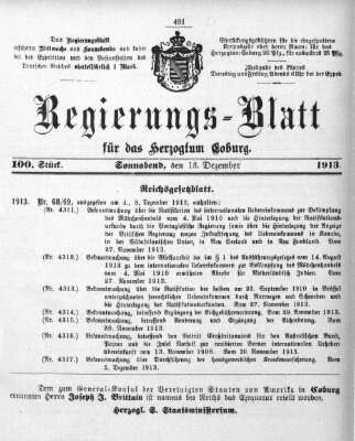 Regierungs-Blatt für das Herzogtum Coburg (Coburger Regierungs-Blatt) Samstag 13. Dezember 1913