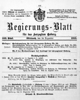 Regierungs-Blatt für das Herzogtum Coburg (Coburger Regierungs-Blatt) Mittwoch 24. Dezember 1913