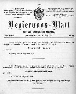 Regierungs-Blatt für das Herzogtum Coburg (Coburger Regierungs-Blatt) Samstag 27. Dezember 1913