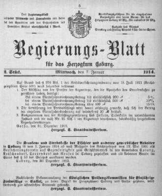 Regierungs-Blatt für das Herzogtum Coburg (Coburger Regierungs-Blatt) Mittwoch 7. Januar 1914