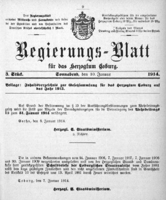 Regierungs-Blatt für das Herzogtum Coburg (Coburger Regierungs-Blatt) Samstag 10. Januar 1914