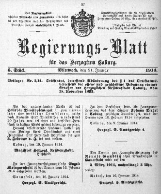 Regierungs-Blatt für das Herzogtum Coburg (Coburger Regierungs-Blatt) Mittwoch 21. Januar 1914