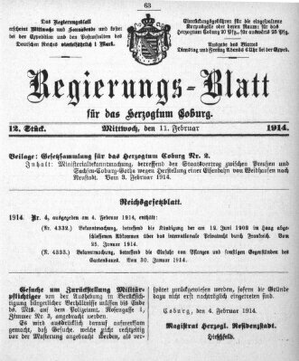 Regierungs-Blatt für das Herzogtum Coburg (Coburger Regierungs-Blatt) Mittwoch 11. Februar 1914