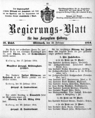 Regierungs-Blatt für das Herzogtum Coburg (Coburger Regierungs-Blatt) Mittwoch 25. Februar 1914