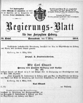 Regierungs-Blatt für das Herzogtum Coburg (Coburger Regierungs-Blatt) Samstag 7. März 1914