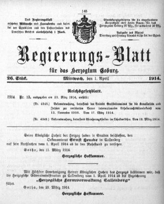 Regierungs-Blatt für das Herzogtum Coburg (Coburger Regierungs-Blatt) Mittwoch 1. April 1914