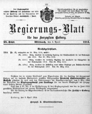 Regierungs-Blatt für das Herzogtum Coburg (Coburger Regierungs-Blatt) Mittwoch 8. April 1914