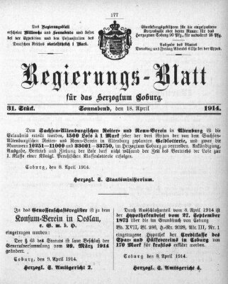 Regierungs-Blatt für das Herzogtum Coburg (Coburger Regierungs-Blatt) Samstag 18. April 1914