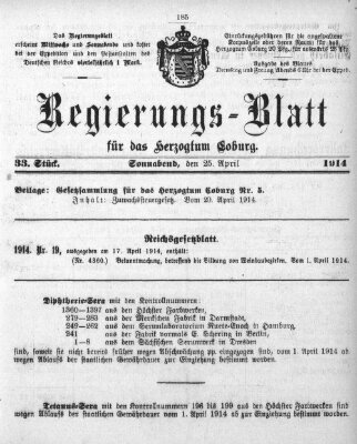 Regierungs-Blatt für das Herzogtum Coburg (Coburger Regierungs-Blatt) Samstag 25. April 1914