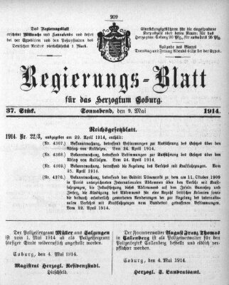 Regierungs-Blatt für das Herzogtum Coburg (Coburger Regierungs-Blatt) Samstag 9. Mai 1914