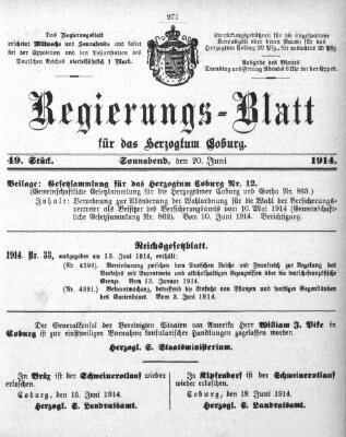 Regierungs-Blatt für das Herzogtum Coburg (Coburger Regierungs-Blatt) Samstag 20. Juni 1914