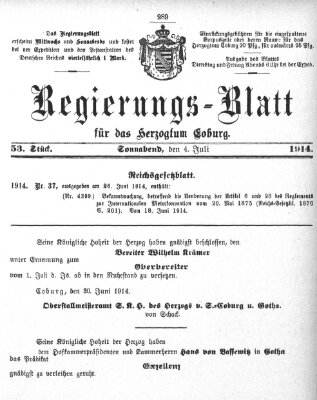 Regierungs-Blatt für das Herzogtum Coburg (Coburger Regierungs-Blatt) Samstag 4. Juli 1914