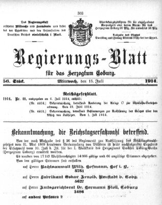 Regierungs-Blatt für das Herzogtum Coburg (Coburger Regierungs-Blatt) Mittwoch 15. Juli 1914