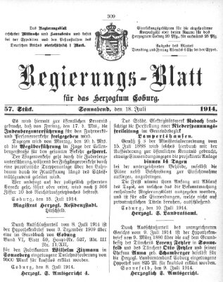 Regierungs-Blatt für das Herzogtum Coburg (Coburger Regierungs-Blatt) Samstag 18. Juli 1914