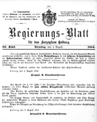 Regierungs-Blatt für das Herzogtum Coburg (Coburger Regierungs-Blatt) Dienstag 4. August 1914