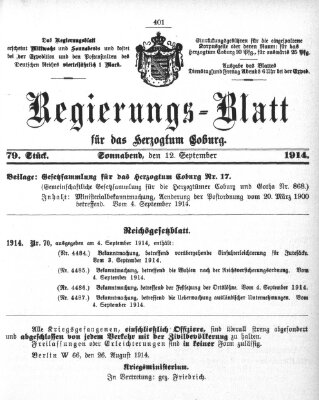 Regierungs-Blatt für das Herzogtum Coburg (Coburger Regierungs-Blatt) Samstag 12. September 1914