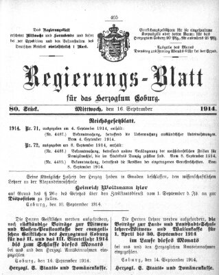 Regierungs-Blatt für das Herzogtum Coburg (Coburger Regierungs-Blatt) Mittwoch 16. September 1914