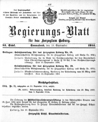 Regierungs-Blatt für das Herzogtum Coburg (Coburger Regierungs-Blatt) Samstag 19. September 1914