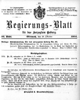 Regierungs-Blatt für das Herzogtum Coburg (Coburger Regierungs-Blatt) Mittwoch 28. Oktober 1914