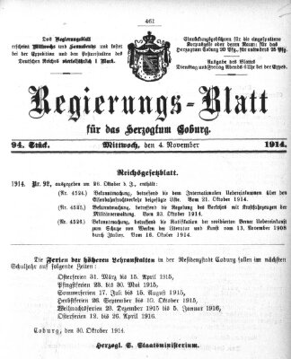 Regierungs-Blatt für das Herzogtum Coburg (Coburger Regierungs-Blatt) Mittwoch 4. November 1914