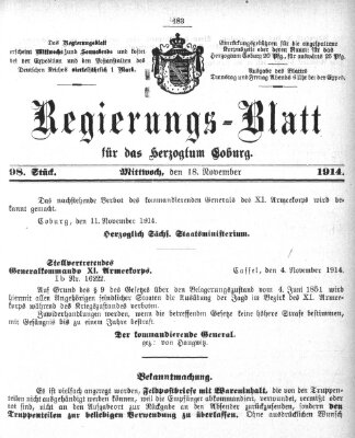 Regierungs-Blatt für das Herzogtum Coburg (Coburger Regierungs-Blatt) Mittwoch 18. November 1914