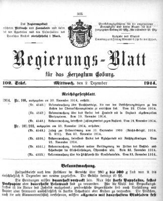 Regierungs-Blatt für das Herzogtum Coburg (Coburger Regierungs-Blatt) Mittwoch 2. Dezember 1914