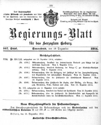 Regierungs-Blatt für das Herzogtum Coburg (Coburger Regierungs-Blatt) Samstag 19. Dezember 1914