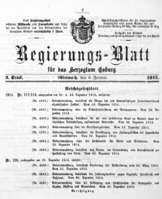 Regierungs-Blatt für das Herzogtum Coburg (Coburger Regierungs-Blatt) Mittwoch 6. Januar 1915