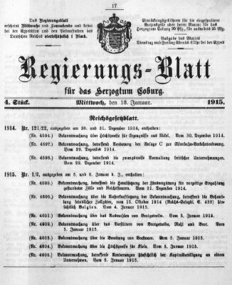 Regierungs-Blatt für das Herzogtum Coburg (Coburger Regierungs-Blatt) Mittwoch 13. Januar 1915