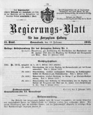 Regierungs-Blatt für das Herzogtum Coburg (Coburger Regierungs-Blatt) Samstag 13. Februar 1915