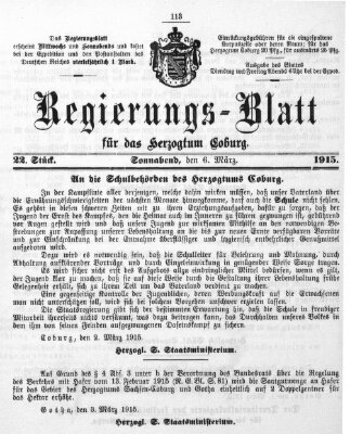 Regierungs-Blatt für das Herzogtum Coburg (Coburger Regierungs-Blatt) Samstag 6. März 1915