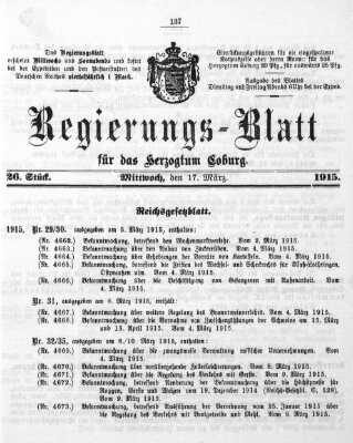 Regierungs-Blatt für das Herzogtum Coburg (Coburger Regierungs-Blatt) Mittwoch 17. März 1915